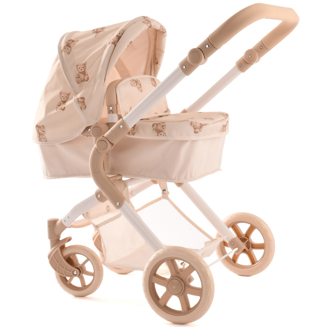 Roma Prams: Teddy Single Doll Pram - Beige & Bear, Convertible 2-In-1: Carry Cot & Seat, Folding Push Stroller, Toy Accessory, Dolls To 16.5", Kids 3+